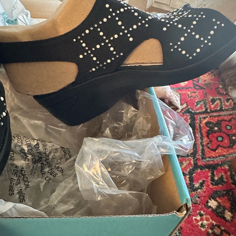 BZEES Black Open-Toe Knit Slingback Wedge with Rhinestone & Pearl Dot Pattern - Picture 6 of 8